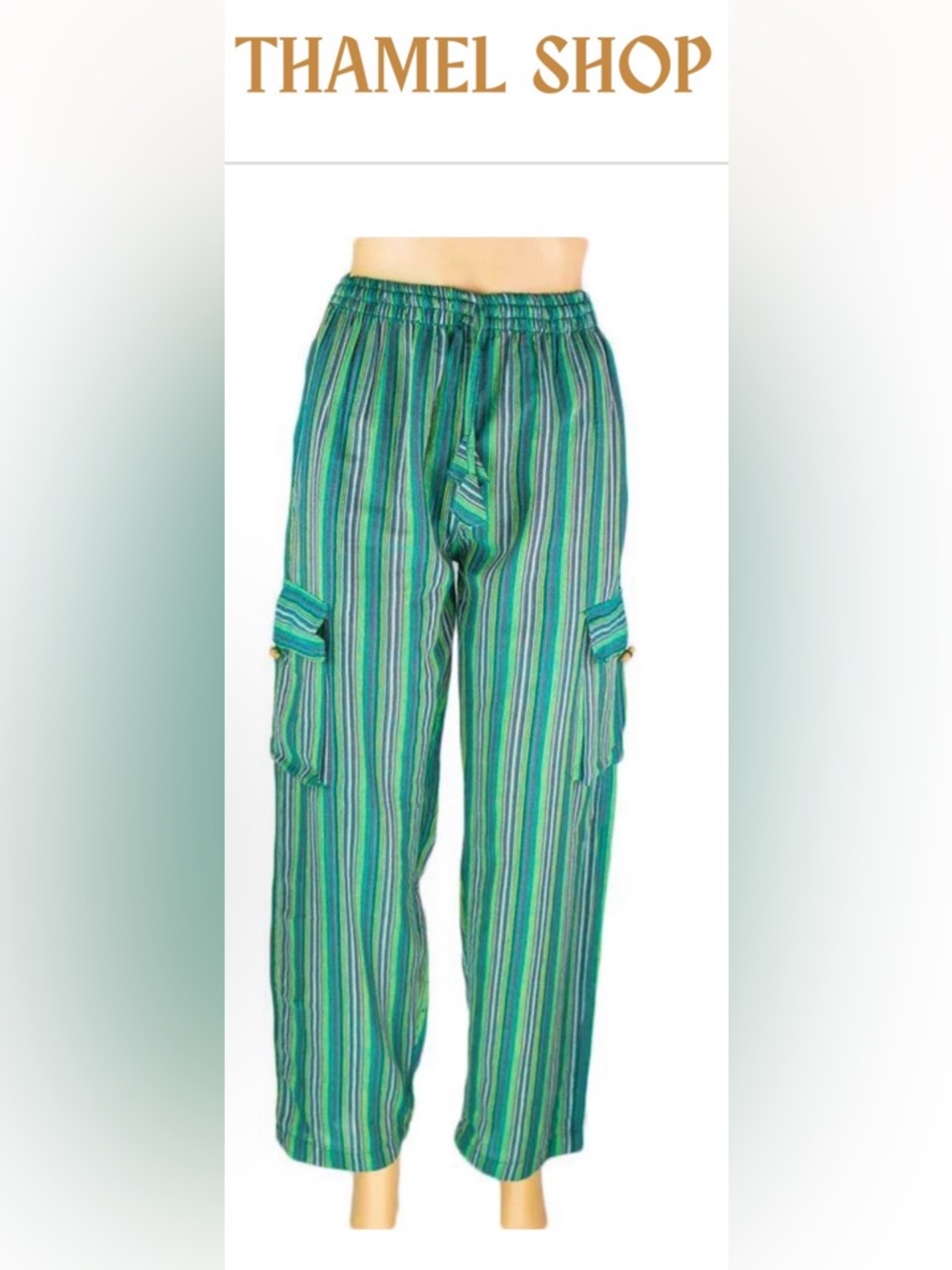 Thamel Shop Stripe Box Pant Sea Green 100% Cotton Hemp Hippie Made in Nepal